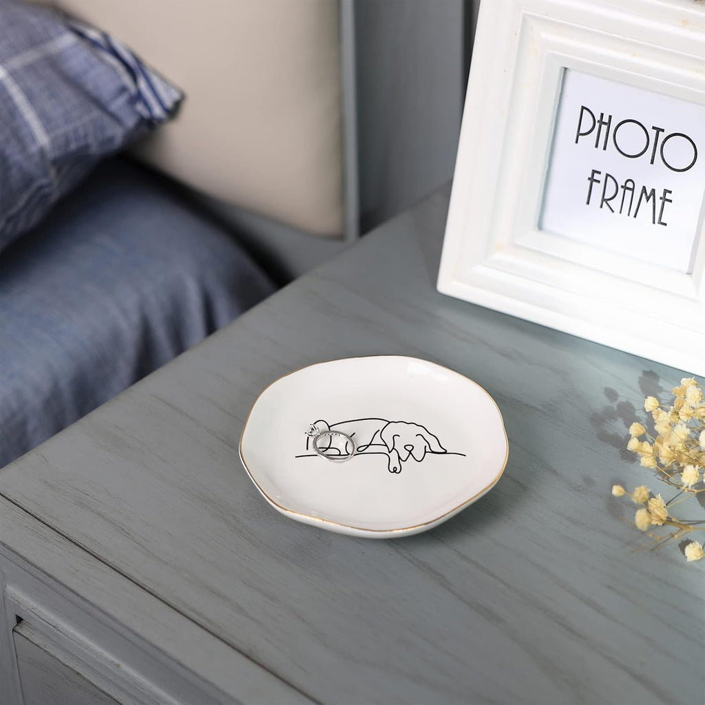 HOME SMILE Sleeping Dog Ring Dish Jewelry Tray, Christmas Gifts for Dog Mom, Ceramic White, 4"