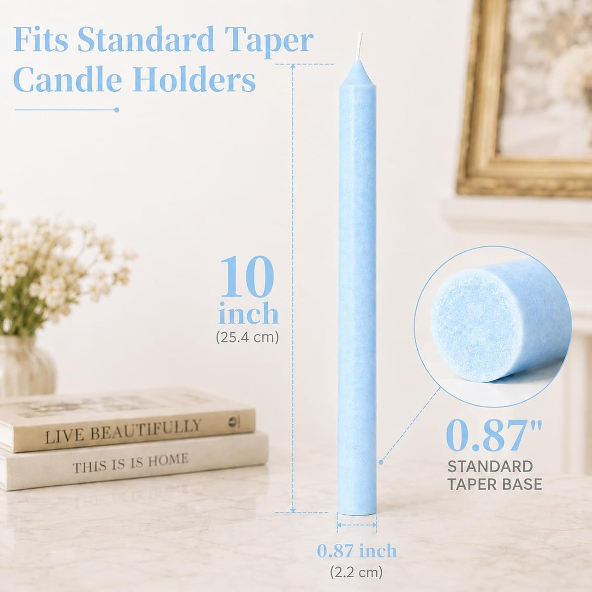 11-Hour Long Burning Ice Flower Taper Candles - 6 Pack 10 Inch Unscented Palm Wax Candlesticks - Natural Crystalline Texture, Smokeless & Dripless for Wedding, Dinner, Vigil, Blue