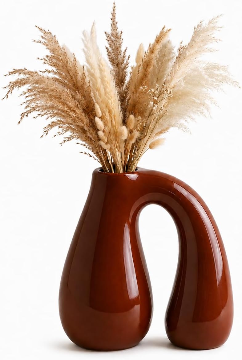 Brown Ceramic Vase for Pampas, Boho Shelf & Table Decor