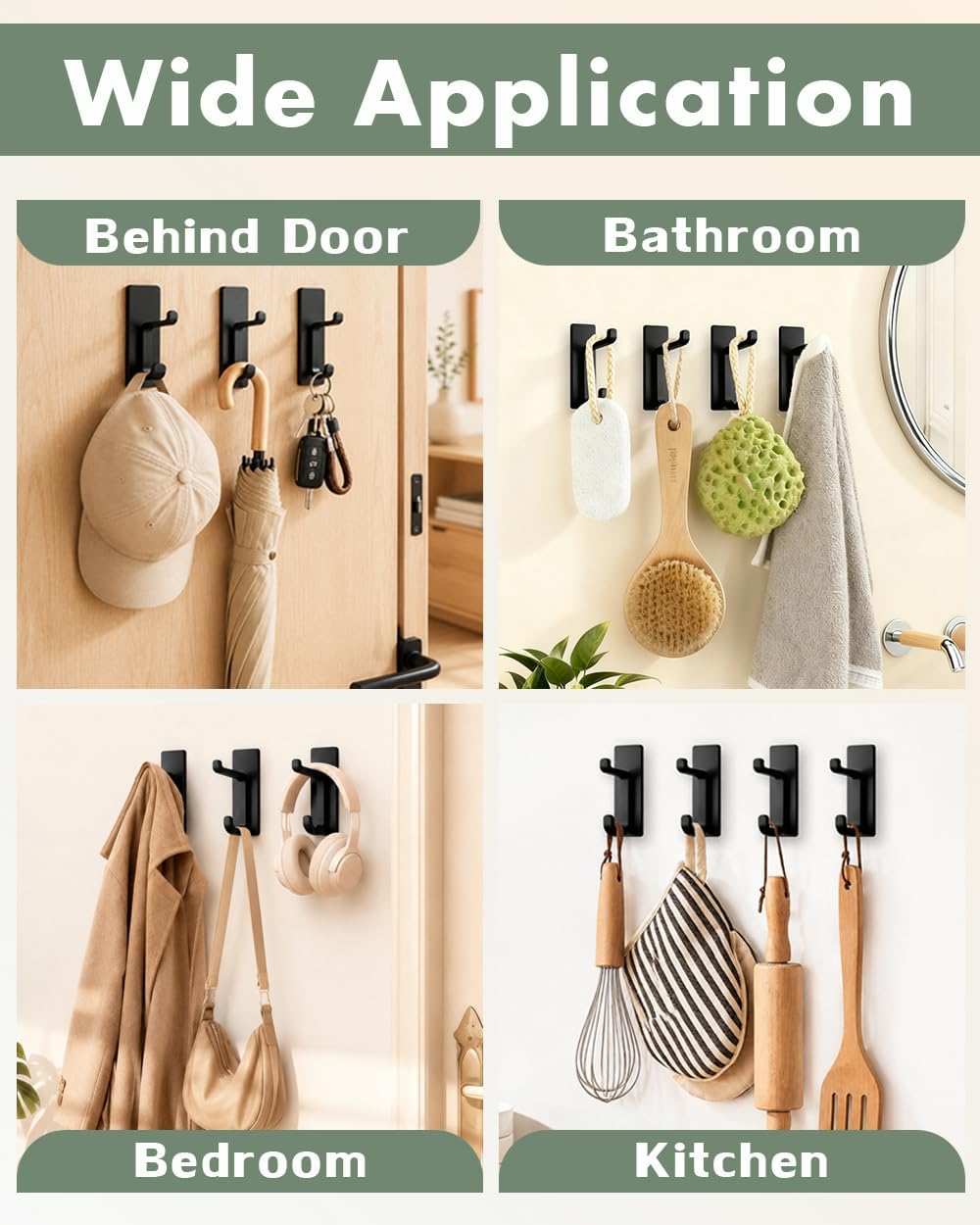 Self Adehesive Coat Hooks Heavy Duty Hooks Wall Mount Stainless Black 6Pcs