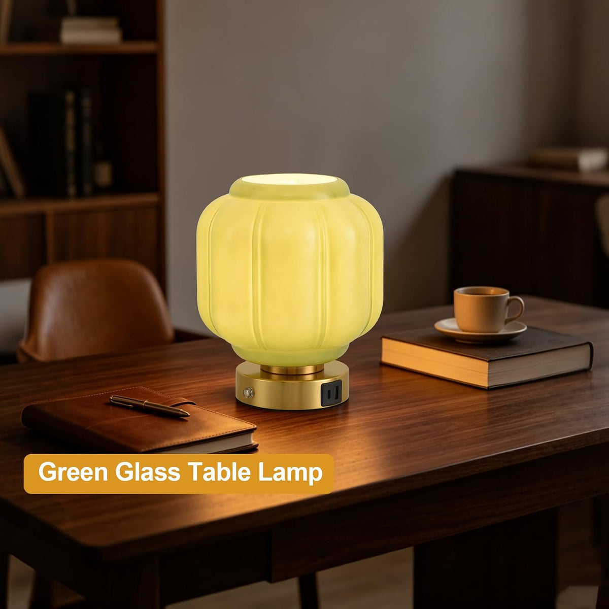 Rechargeable Table Lamp, Cordless Green Glass Bedside Lamp Small