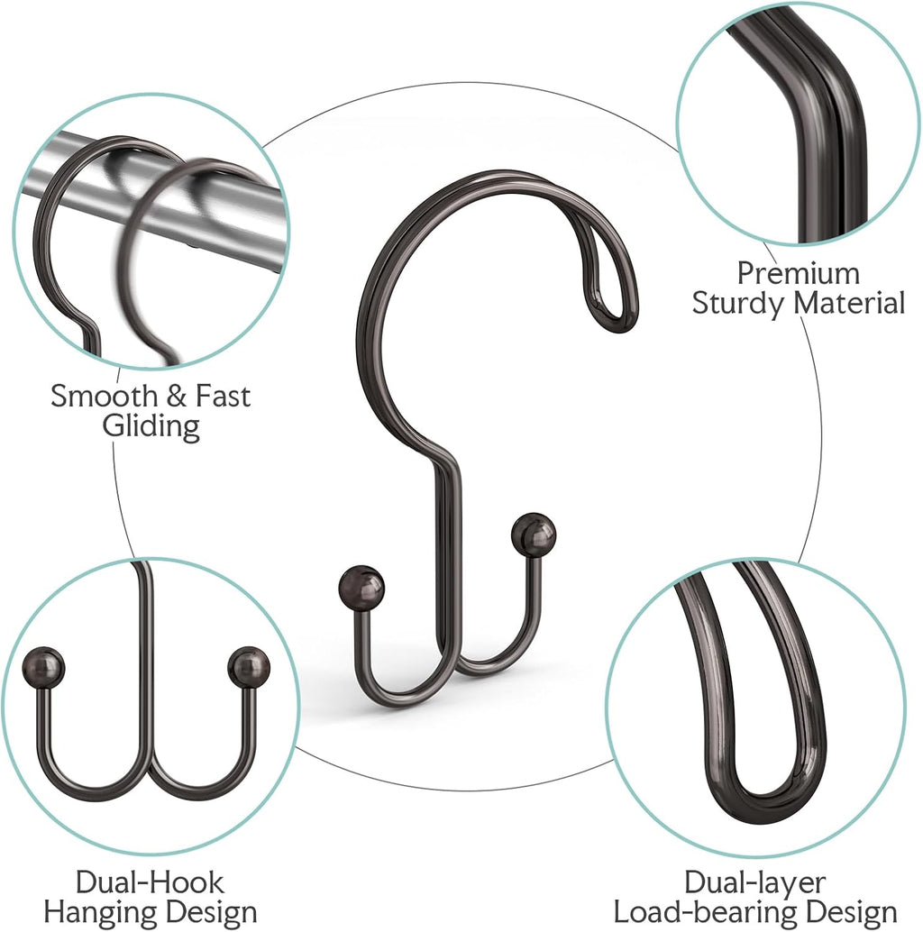 Bathway Bronze Shower Curtain Hooks Ring, 12 Pcs Double Sided Shower Hooks, Rust Proof Metal Shower Hooks for Bathroom, Anti-Drop Shower Rings for Shower Curtain & Liners