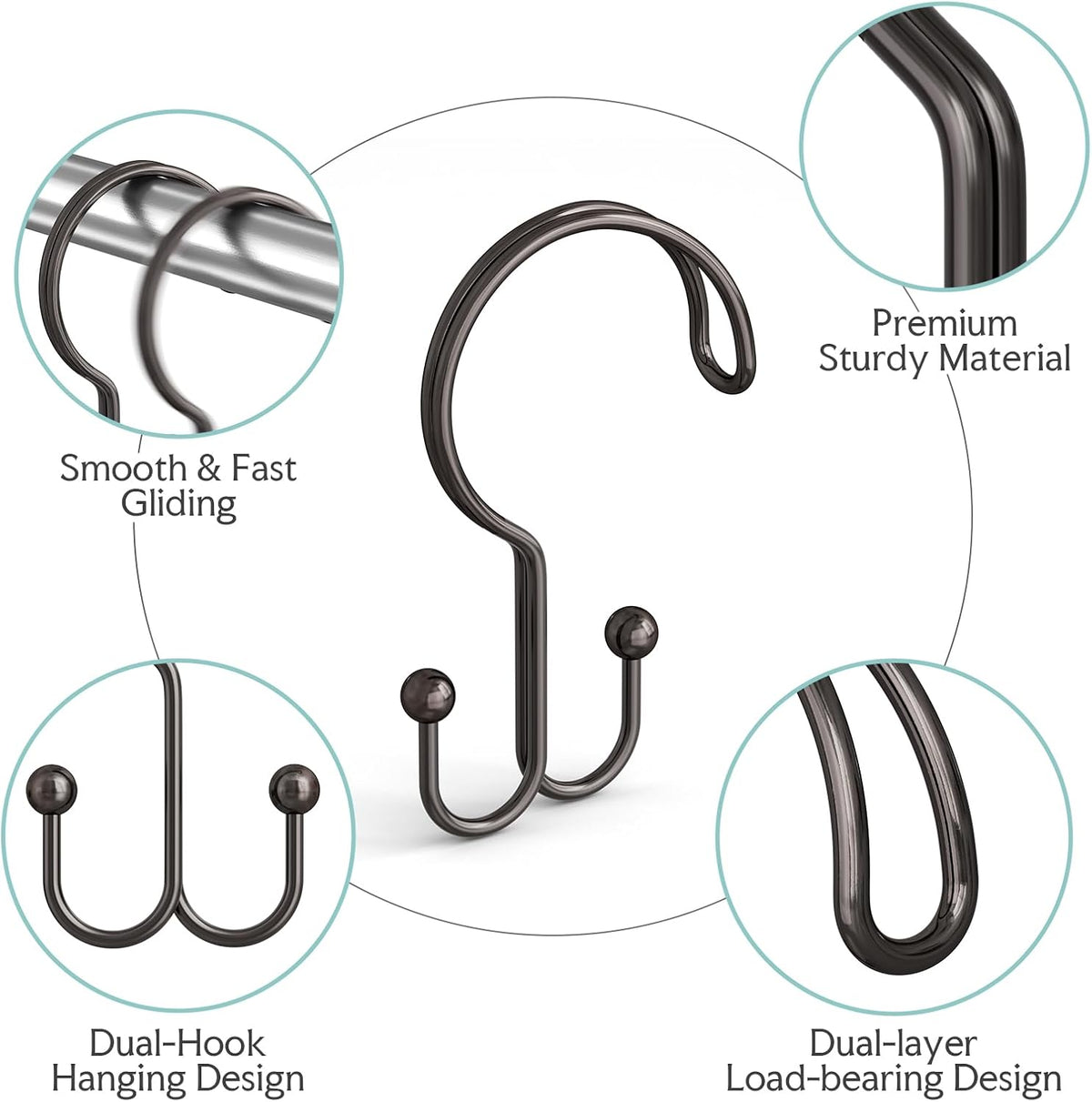 Bathway Bronze Shower Curtain Hooks Ring, 12 Pcs Double Sided Shower Hooks, Rust Proof Metal Shower Hooks for Bathroom, Anti-Drop Shower Rings for Shower Curtain & Liners