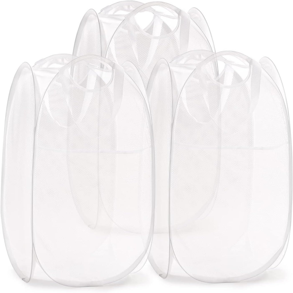 TECHMILLY Collapsible Mesh Pop Up Laundry Hamper with Sturdy Handles and Side Pocket - Portable Foldable Clothes Baskets for Dorm, Bathroom & Travel Storage (White, 3 Packs)