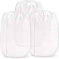 TECHMILLY Collapsible Mesh Pop Up Laundry Hamper with Sturdy Handles and Side Pocket - Portable Foldable Clothes Baskets for Dorm, Bathroom & Travel Storage (White, 3 Packs)