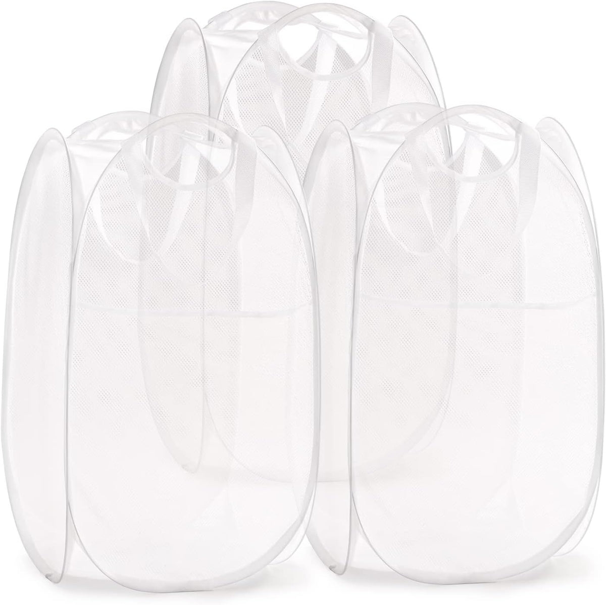 TECHMILLY Collapsible Mesh Pop Up Laundry Hamper with Sturdy Handles and Side Pocket - Portable Foldable Clothes Baskets for Dorm, Bathroom & Travel Storage (White, 3 Packs)