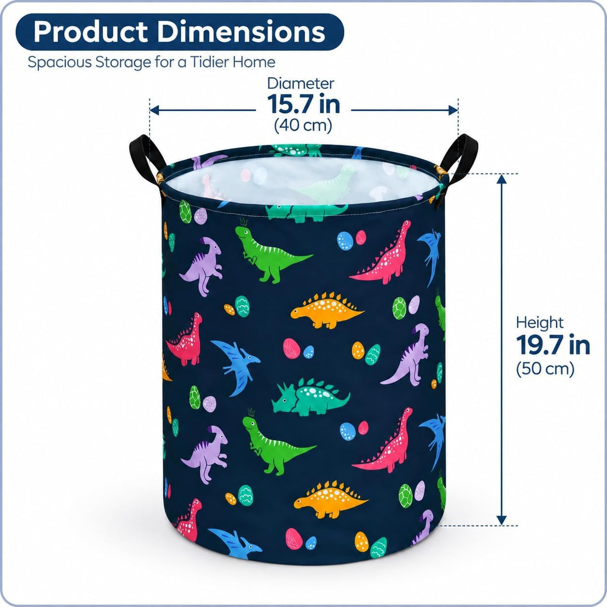 Dinosaur Laundry Basket, Round Foldable Clothes Hamper with Handles, Cotton Linen Blend Storage Bin with Dino Egg Print for Bedroom, Nursery, Playroom, College Dorm