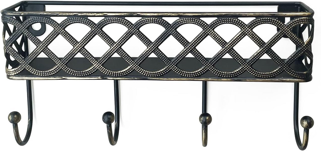 Celtic Knot Key Holder Wall Shelf - Entryway Wall Mounted Organizer with 4 Hooks, Metal Storage for Keys, Wallets, Bags, Hats (Antique Black)