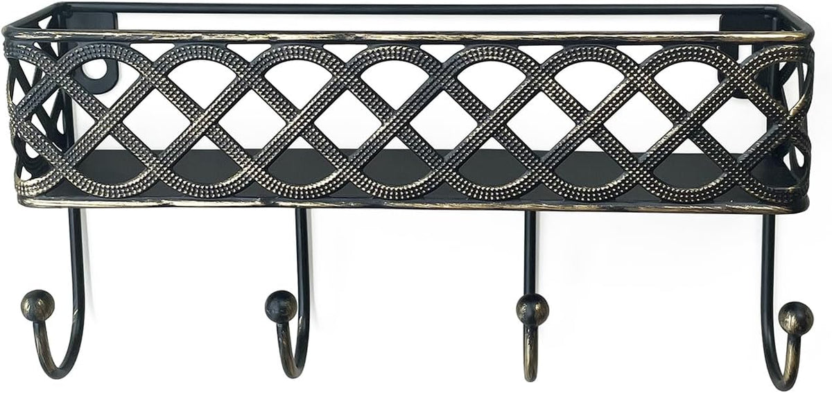 Celtic Knot Key Holder Wall Shelf - Entryway Wall Mounted Organizer with 4 Hooks, Metal Storage for Keys, Wallets, Bags, Hats (Antique Black)