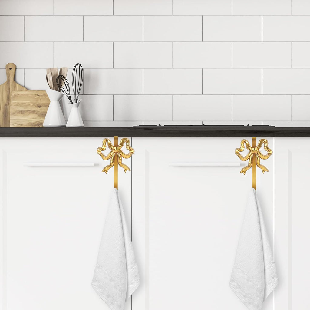 JarThenaAMCS 2Pcs Gold Bow Over The Door Hooks Metal Door Hanger Hook Coquette Towel Coat Hanger for Home Kitchen Bedroom Bathroom Decor
