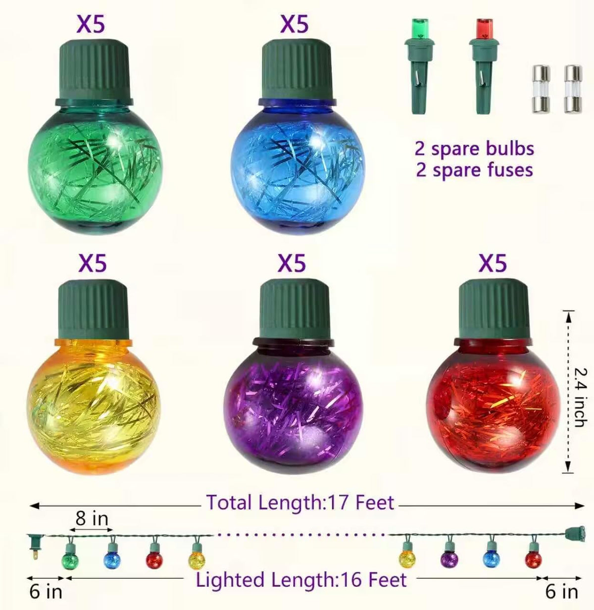 TIGOMOOV LED Globe Christmas Lights,G30 Round Christmas Tree Lights with Tinsel 25 Bulbs, 17FT Multi-Color Globe Tinsel LED Christmas Lights for Patio Deck Backyard Garden Party Outdoor Decorations