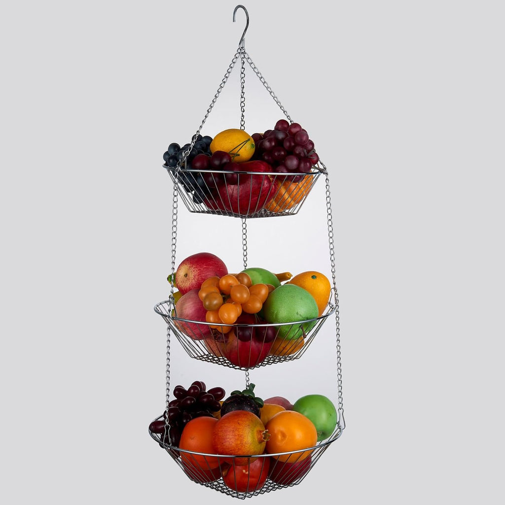JUNCHU CHERRY 3-Tier Wire Fruit Hanging Basket 2 Packs, non-Punching Wall Hanging Storage, Kitchen Bathroom Organization Basket, Suitable for Bathroom, Kitchen, Closet, Garden, Chrome