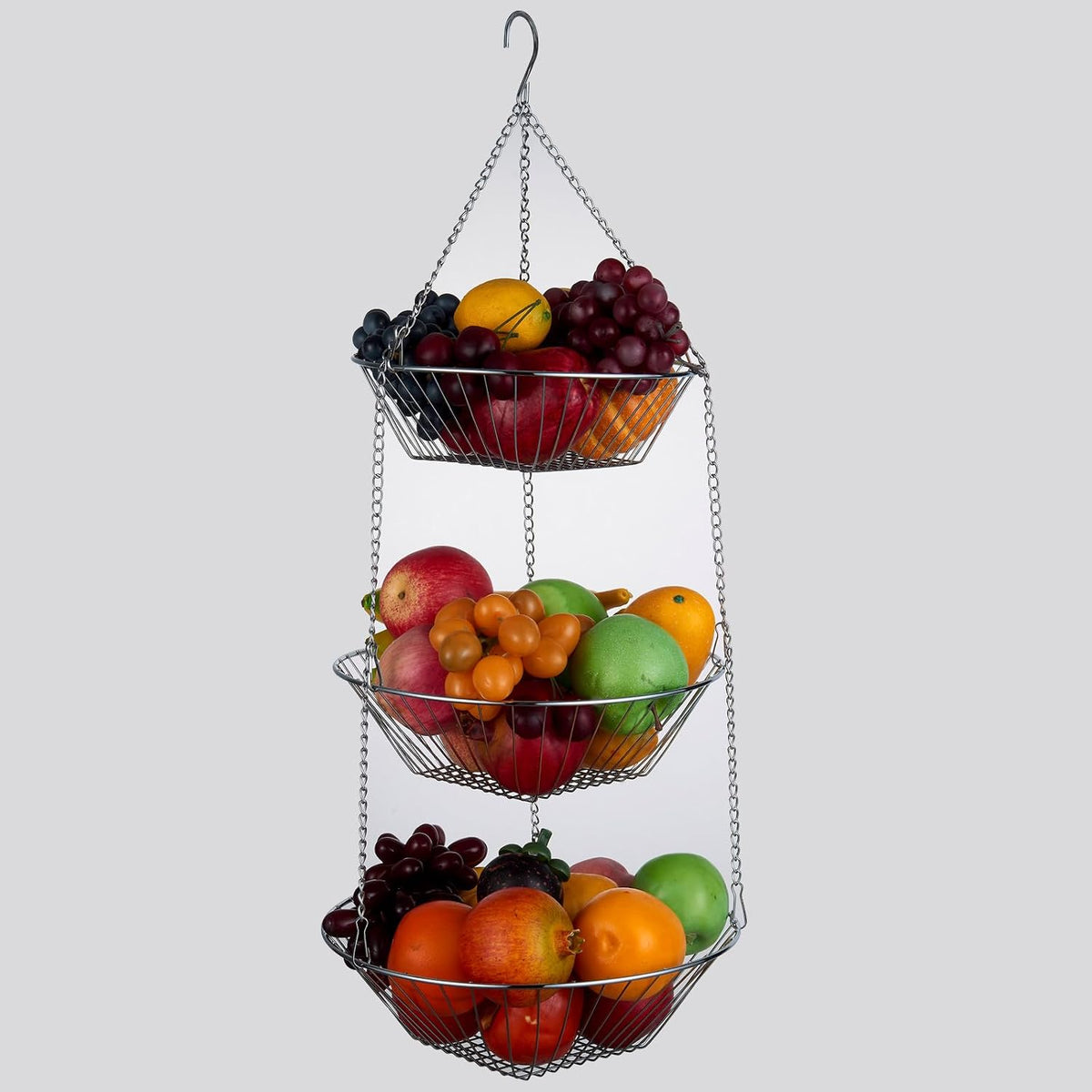JUNCHU CHERRY 3-Tier Wire Fruit Hanging Basket 2 Packs, non-Punching Wall Hanging Storage, Kitchen Bathroom Organization Basket, Suitable for Bathroom, Kitchen, Closet, Garden, Chrome