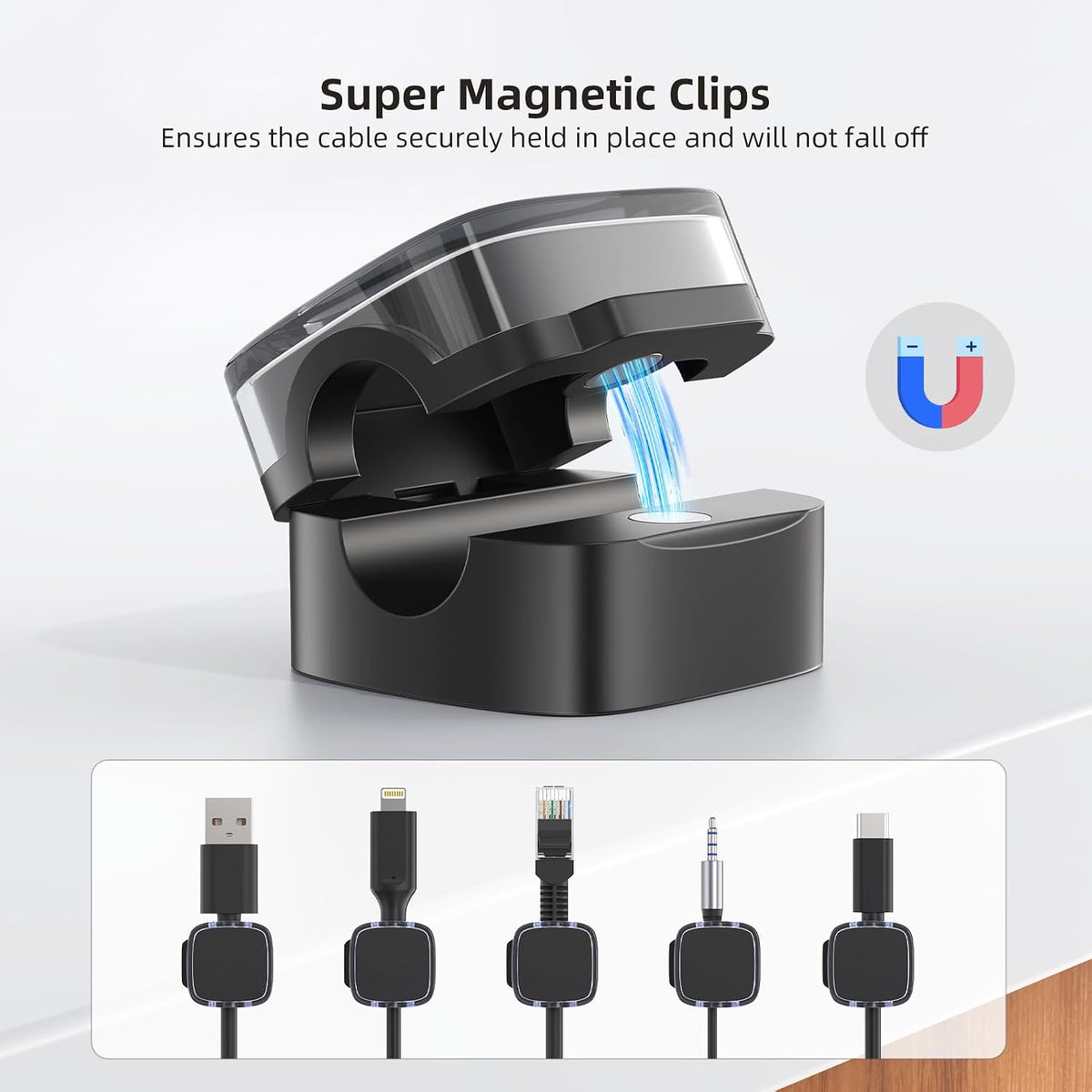 Magnetic Cord Clips, 6 Pack Cord Organizer Holder for Desk Office Accessories, Cable Holder Hide Phone USB Power Wire Cord Clips for Management Home Nightstand Kitchen Appliances, Clear Black
