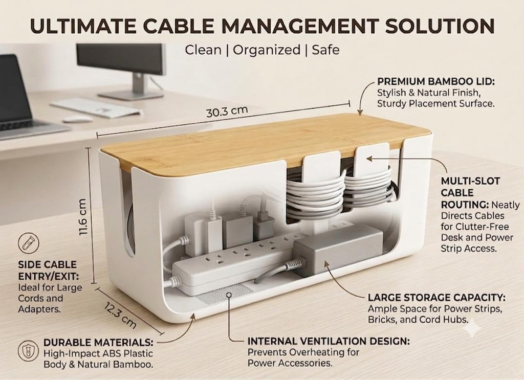 Cable Management Box with Bamboo Lid, Large Cord Organizer Box for Power Strips, Surge Protector & Charger Cables, Wire Hider Organizer for Home, Office, Desk & TV Stand, White (30.3 x 12.3 x 11.6 cm)