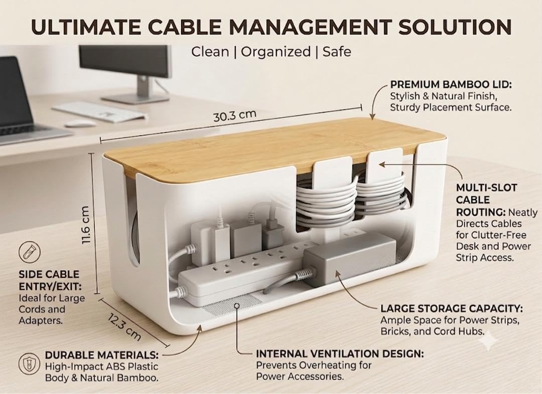 Cable Management Box with Bamboo Lid, Large Cord Organizer Box for Power Strips, Surge Protector & Charger Cables, Wire Hider Organizer for Home, Office, Desk & TV Stand, White (30.3 x 12.3 x 11.6 cm)