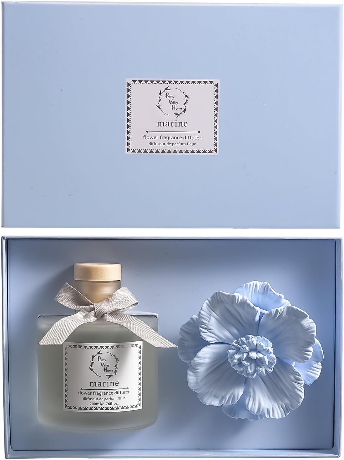 Reed Diffuser Sets, 6.76 Fl. Oz / 200ML Ceramic Diffuser Flower Gift Box, Home Reed Diffuser for Bathroom Office Bathroom Living Room Decor (Marine Blue)