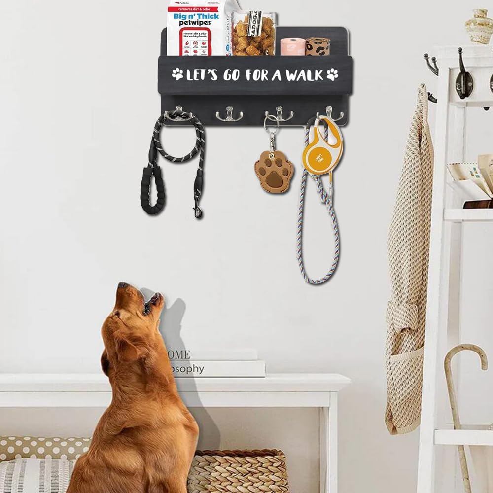 Wood Dog Leash Holder for Wall, with 4 Double Key Hooks