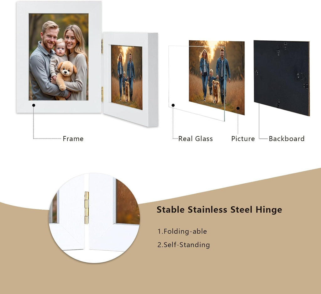 5x7 Double Hinged Picture Frame with Real Glass, PS04-WHD7
