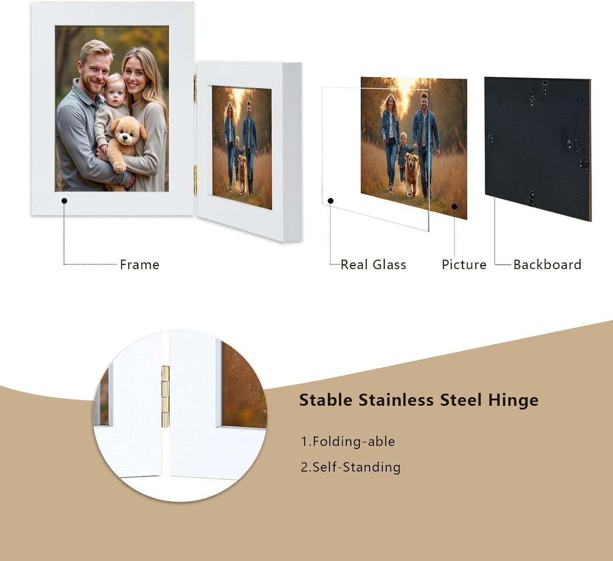 5x7 Double Hinged Picture Frame with Real Glass, PS04-WHD7