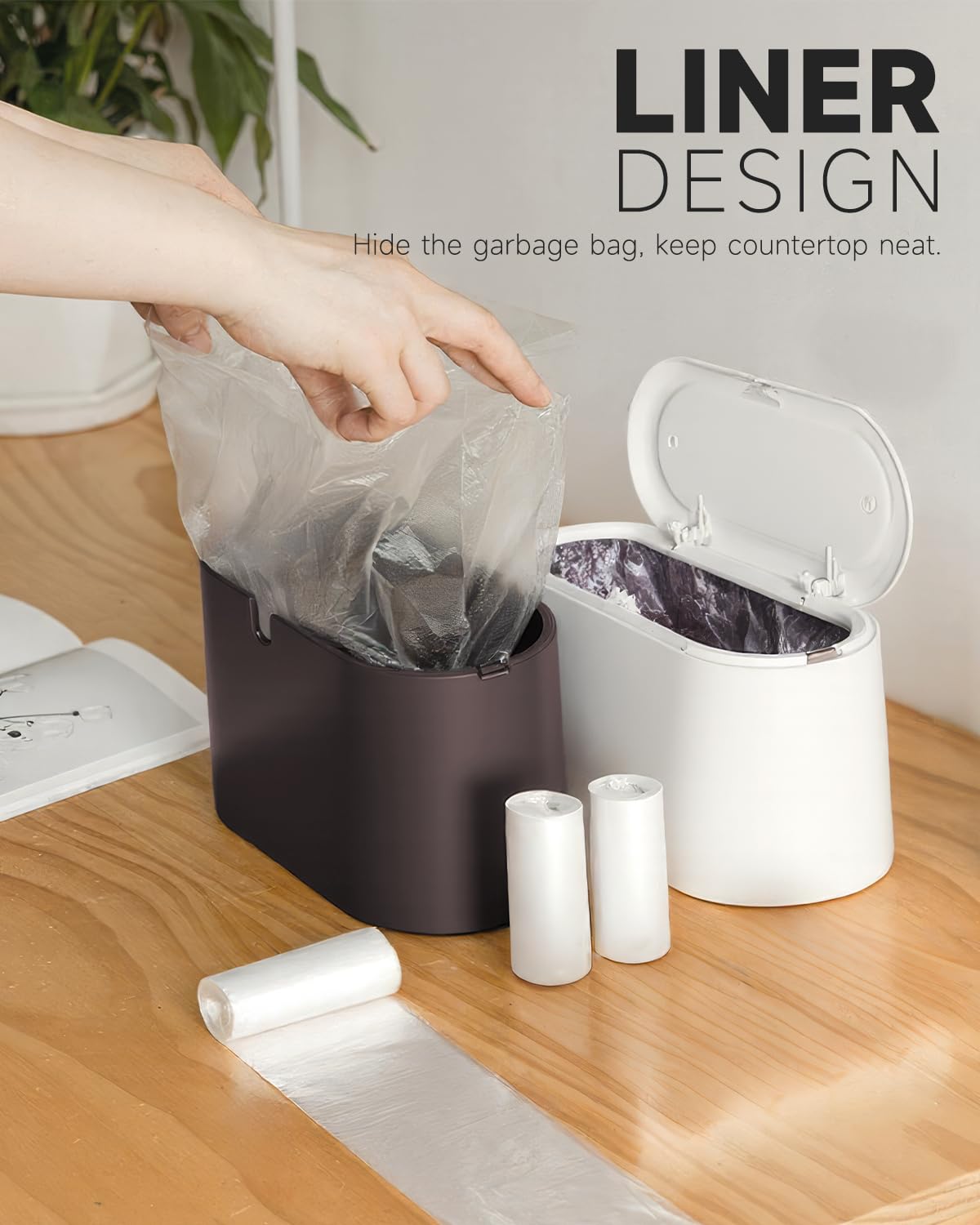 Mini Trash Can with Lid Removable Small Garbage Can, Tiny Plastic Trash Bin, Pop Up Countertop Wastebasket, Counter Garbage Lint Bin for Bathroom,Office,Kitchen,Desk(White)