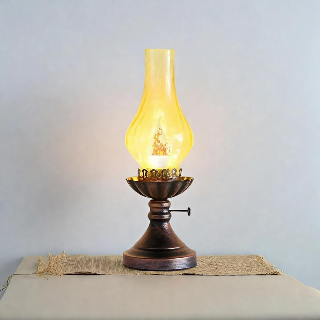 Vintage Table Lamp - 3 - Mode Dimmable Retro Rustic Desk Lamp with Crackle Glass Shade, Antique Victorian Western Style, E26 Bulb Included, Ideal for Bedroom, Living Room, Home Decor (Yellow Glass)