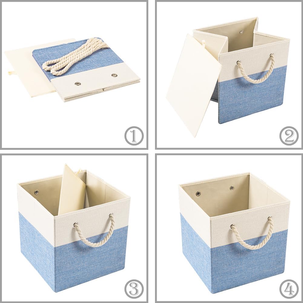 PRANDOM Large Foldable Cube Storage Bins 11x11 inch [4-Pack] Fabric Linen Storage Baskets Cubes Drawer with Cotton Handles Organizer for Shelves Nursery Closet Bedroom Beige/Blue