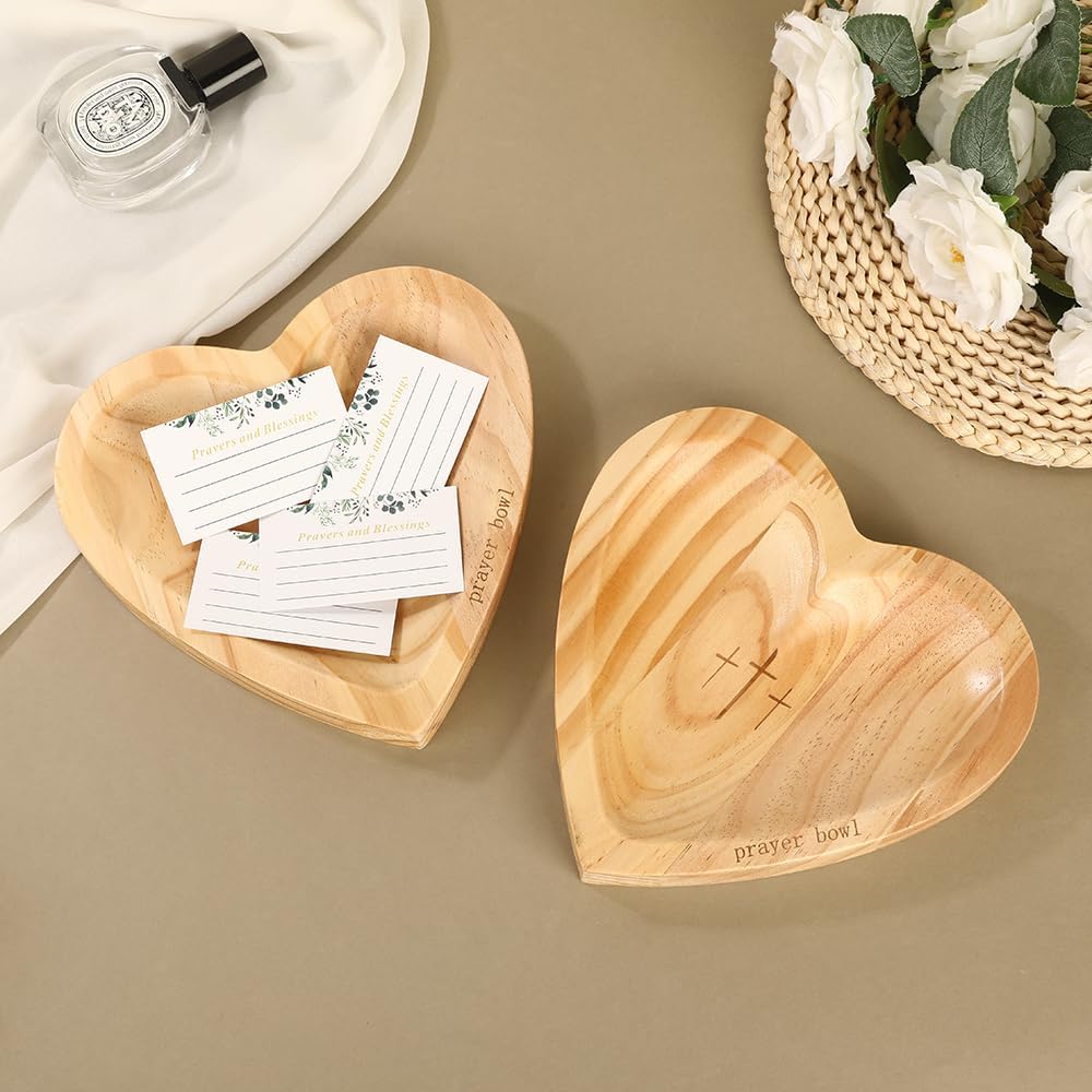 Heart-Shaped Wooden Prayer Bowl Plate with Engraved Cross and Prayer Cards, Thanksgiving Christmas Home Decor Gift