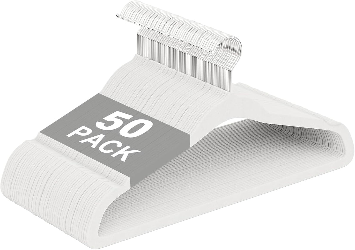 Velvet Felt Hangers 50 Pack, Non Slip, Slim, Space Saving, White