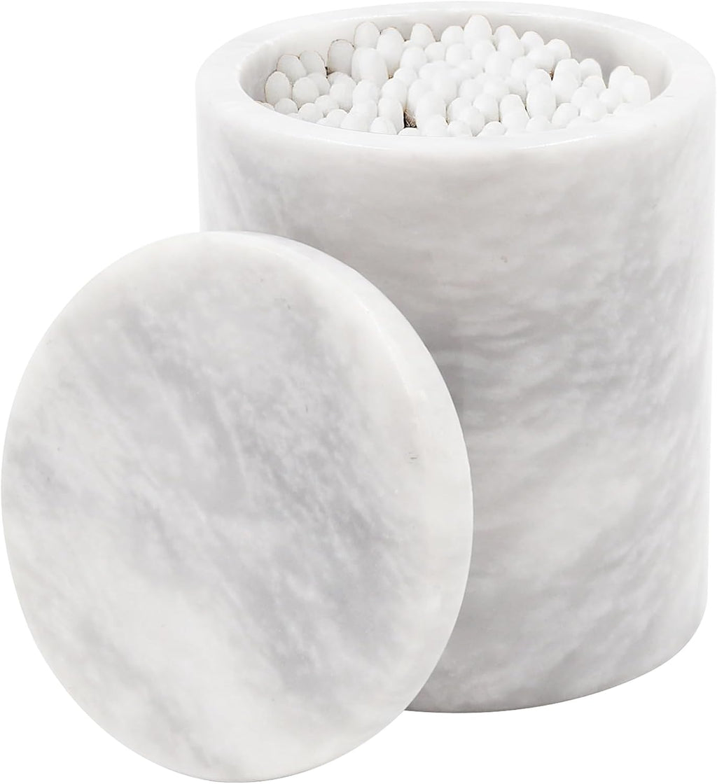 Marble Q-Tip Holder for Bathroom, White 4" Cotton Swab Canister