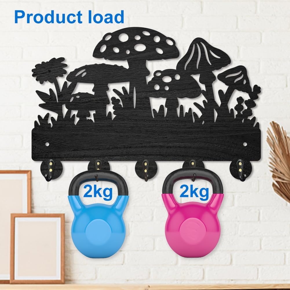 MAYJOYDIY Mushroom Coat Rack Wall Mounted Wildflower Meadow Wood Key Hooks for Wall 11.8×7.9inch Black Key Holder Hanger Wall Art Decor with 5 Alloy Hooks for Gift Hallway Entryway Kitchen