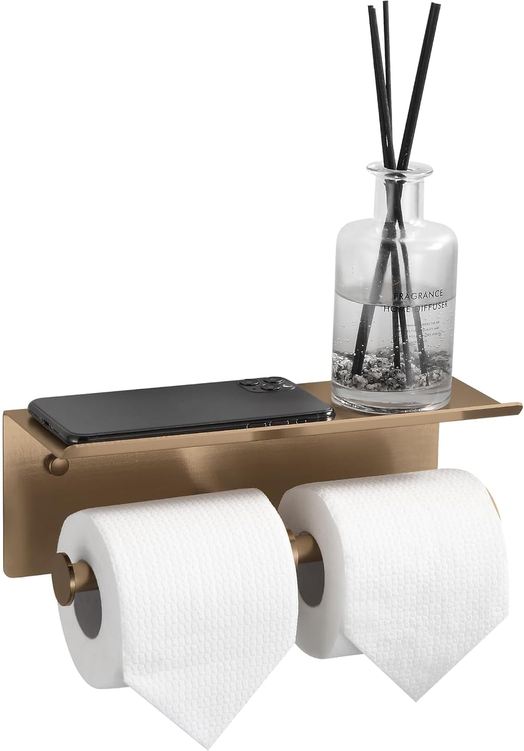 Double Toilet Paper Holder with Shelf Champagne Gold Wall Mount