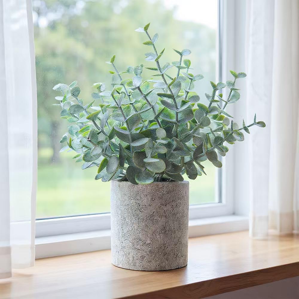 2 Pack Small Fake Eucalyptus Faux Potted Artificial Plants for Home Decor