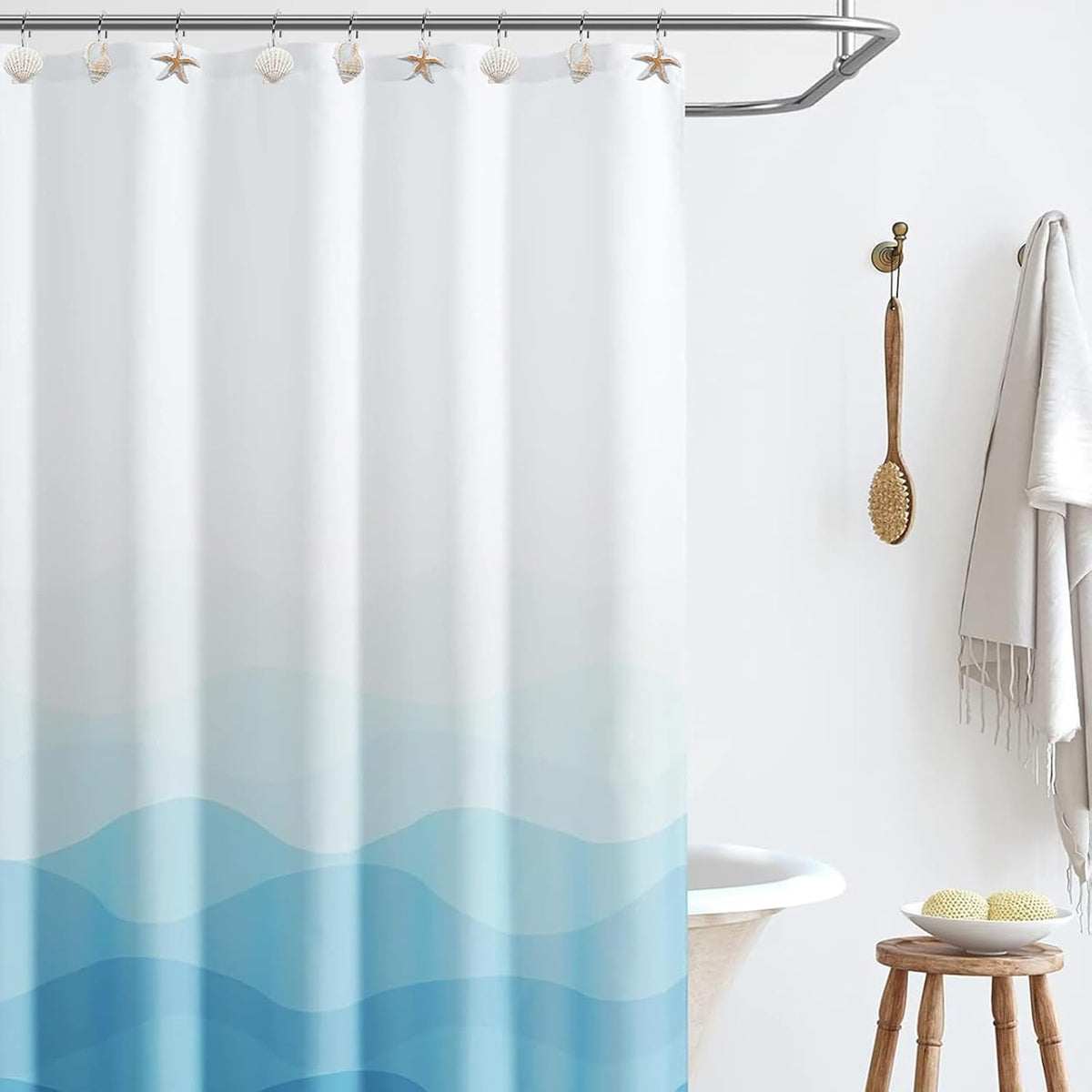12-Pack Coastal Shower Curtain Hooks – Decorative Seashell Starfish Conch Shower Curtain Rings Rust-Proof Stainless Steel, Beach Theme Bath Shower Hooks Decor for Beach & Ocean Themes