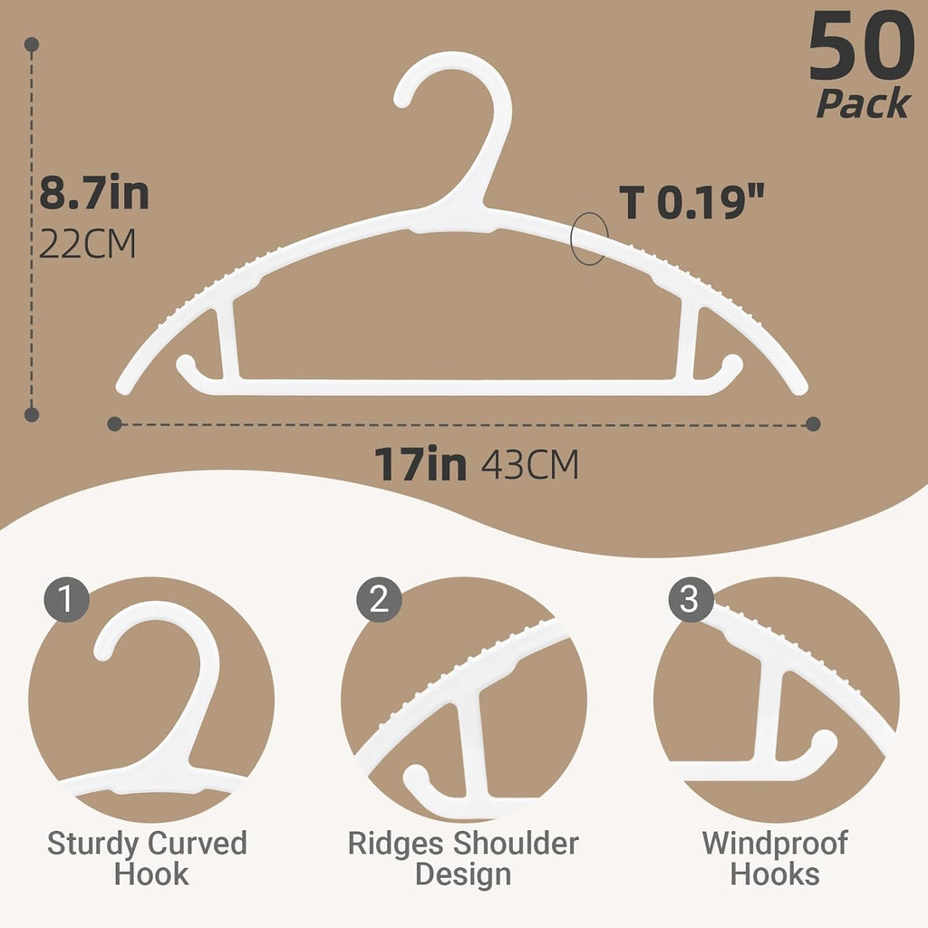 Amber Home 50 Pack White Plastic Hangers, Space Saving Clothes Hangers