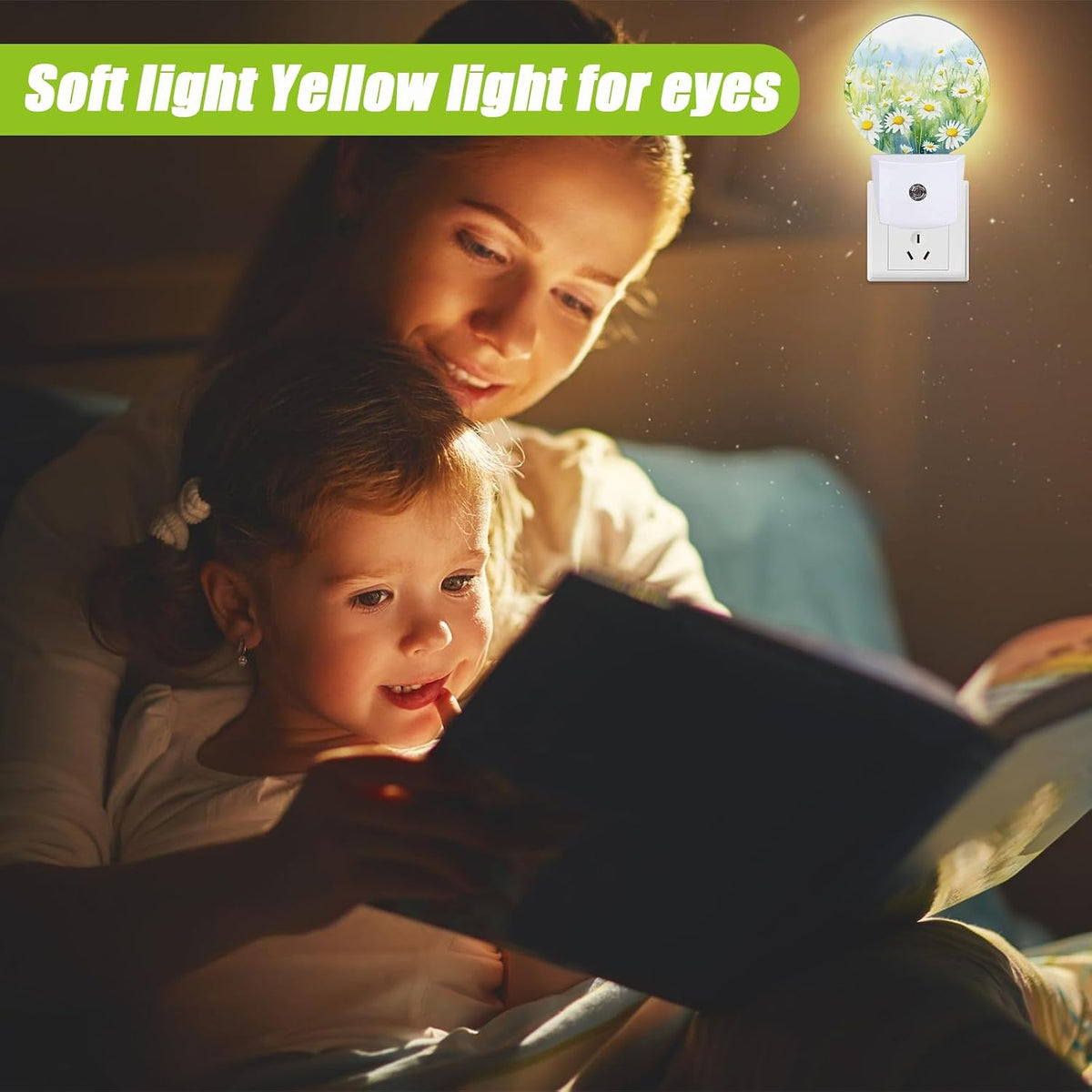 White Daisies Watercolor Night Light,Abstract Floral Plug-in Night Lights with Dusk-to-Dawn Sensor for Bedroom Bathroom and Living Room Sleep Friendly lamp