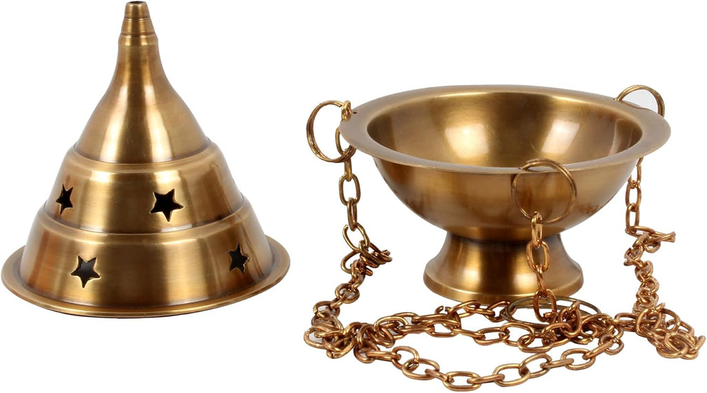 Brass Hanging Incense Burner Censer for Charcoal & Resin, Antique Brass Incense Holder with Chain, 4.5 Inch High