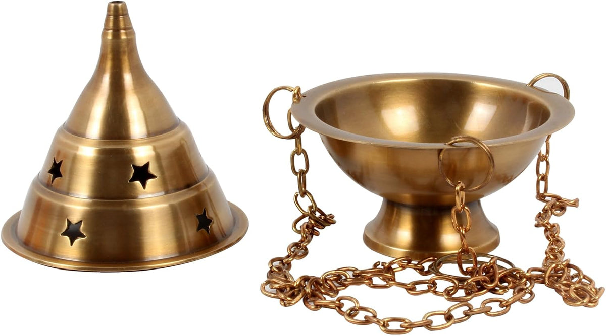 Brass Hanging Incense Burner Censer for Charcoal & Resin, Antique Brass Incense Holder with Chain, 4.5 Inch High