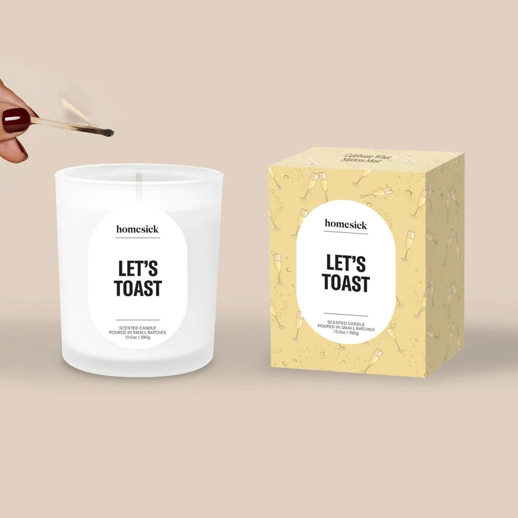 Homesick Let's Toast Scented Candle – 13 oz in Champagne Grapes Scent, Natural Soy Wax, Non-Toxic, 80 Hour Burn Time, Organic Cotton Wick, Reusable Jar for Wedding & Engagement Gifts for Couples