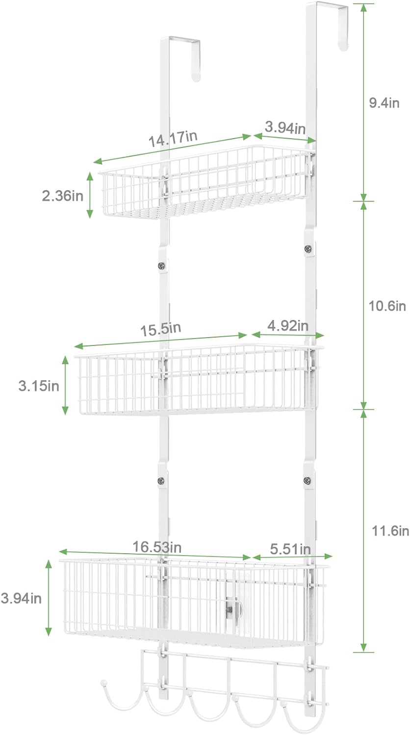 ETELI Over The Door Storage Organizer with 3 Mesh Baskets and 5 Hooks Heavy Duty Pantry Door Organizer Back of Door Storage Rack for Bathroom, Kitchen, Office, White