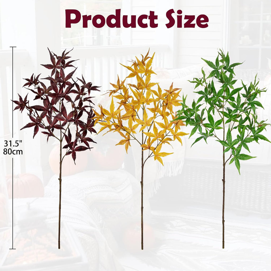 Hollyone 3Pcs Artificial Japanese Maple Leaves Branches 31.5'' Fake Fall Leaves Stems Plants Faux Maple Leaf Bushes Shrubs for Home Decor Thanksgiving Festival Party Autumn Decorations Mixed Color