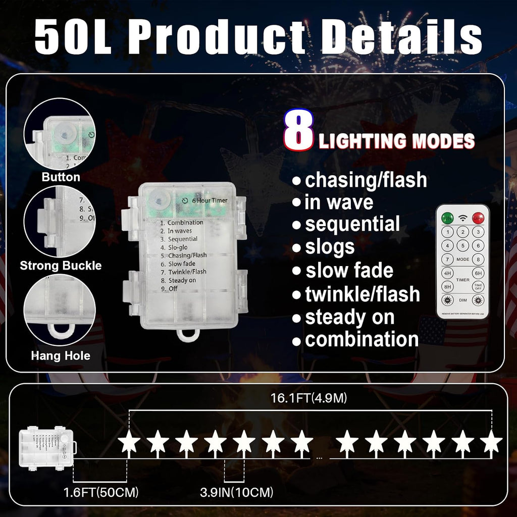 50 LED Patriotic Star String Lights 16FT with Clear Wire, Waterproof Battery Operated Box, 8 Lighting Modes, Perfect Patriotic Lights for National Day Holiday Garden Party Decor