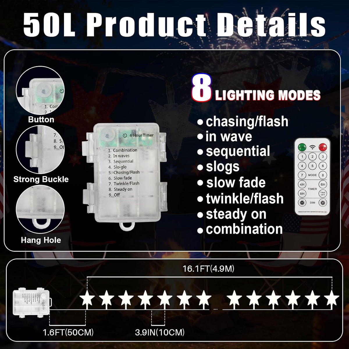 50 LED Patriotic Star String Lights 16FT with Clear Wire, Waterproof Battery Operated Box, 8 Lighting Modes, Perfect Patriotic Lights for National Day Holiday Garden Party Decor