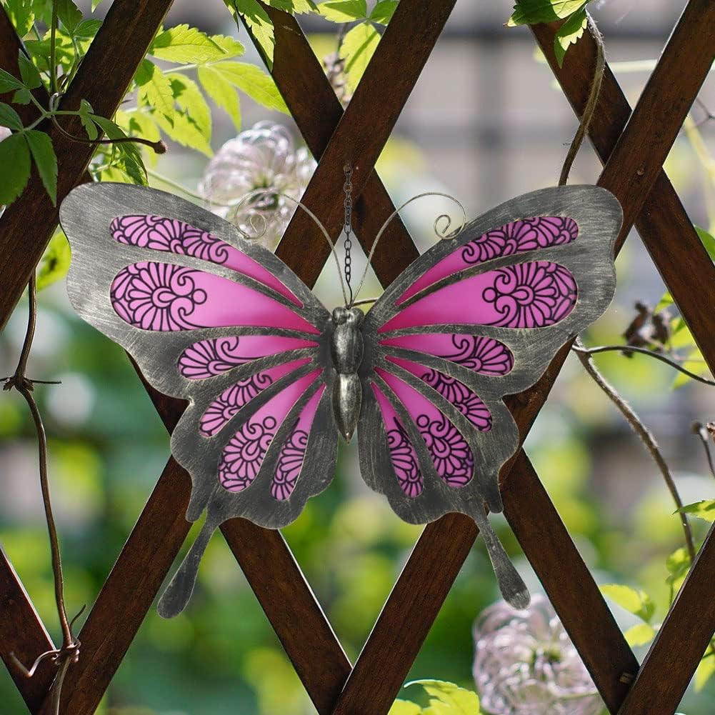 LIFFY Metal Butterfly Wall Decor, 12" Glass Butterfly Wall Art for Outdoor, Hanging Garden Decorations for Yard Fence Patio