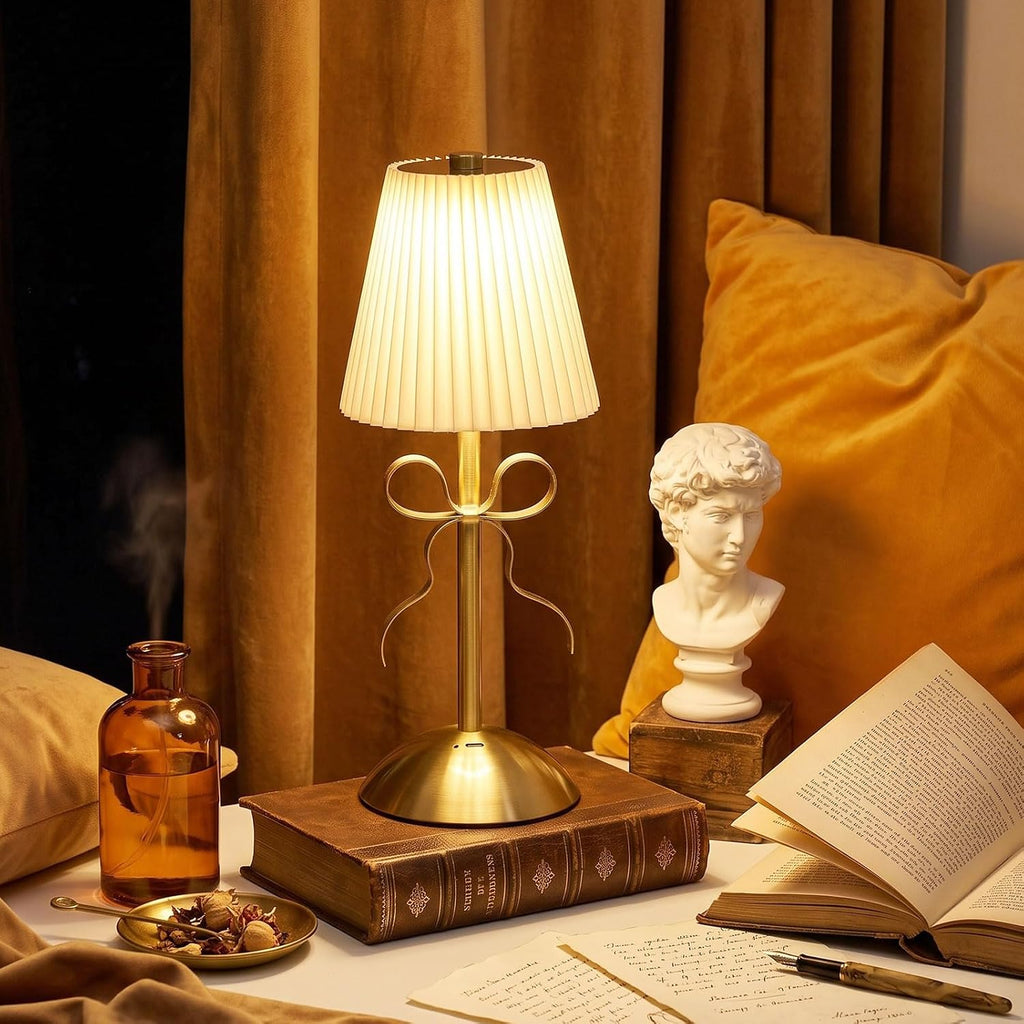 Liliful 2 Pcs Cordless Table Lamp LED Touch, Gold, Beige Cloth Style Bow