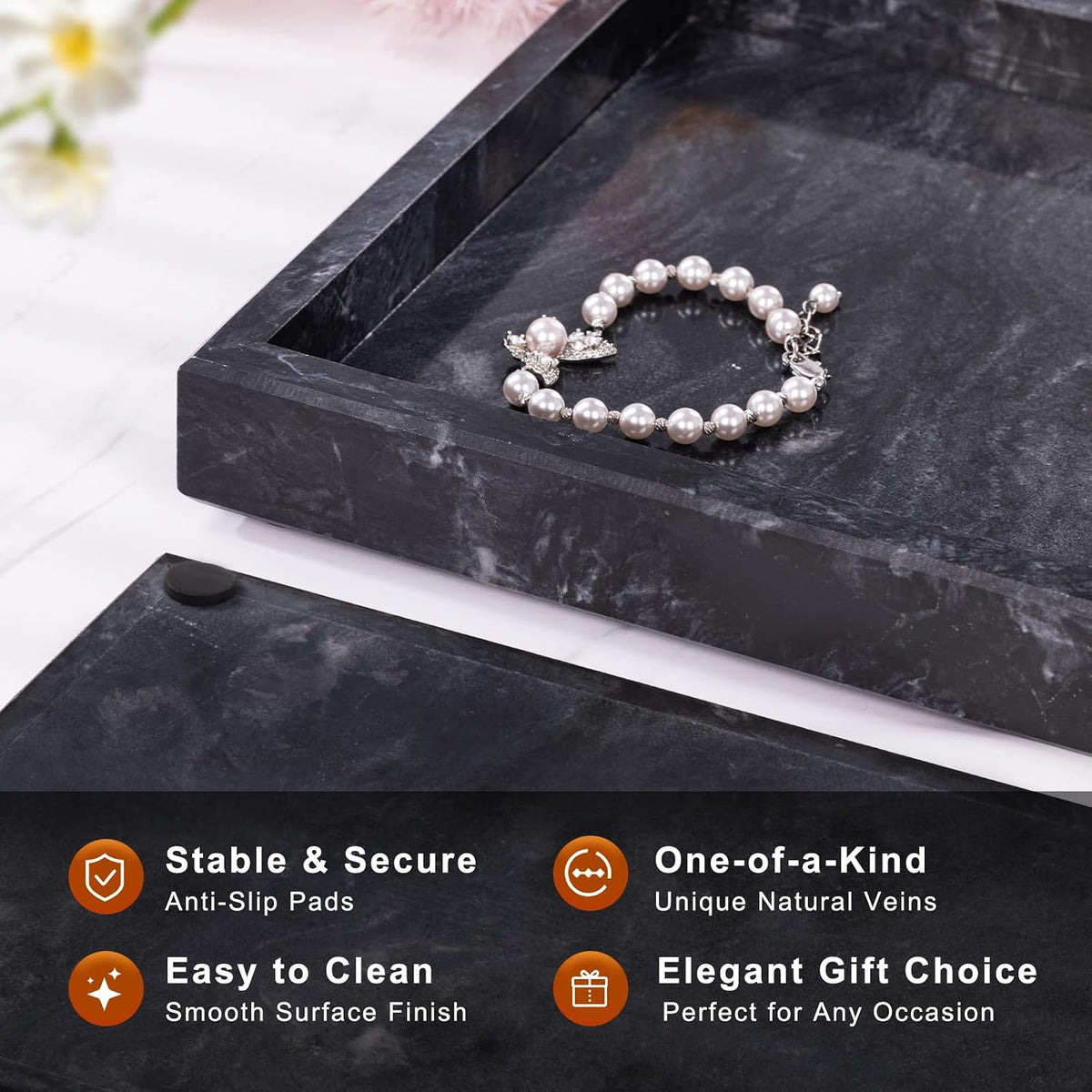 Marble Bathroom Tray for Countertop & Home Decor, Natural Decorative Marble Tray for Jewelry & Perfume Organizer, Luxury Stone Vanity Trays for Dresser, Kitchen Counter, 12" x 8", Gray Black