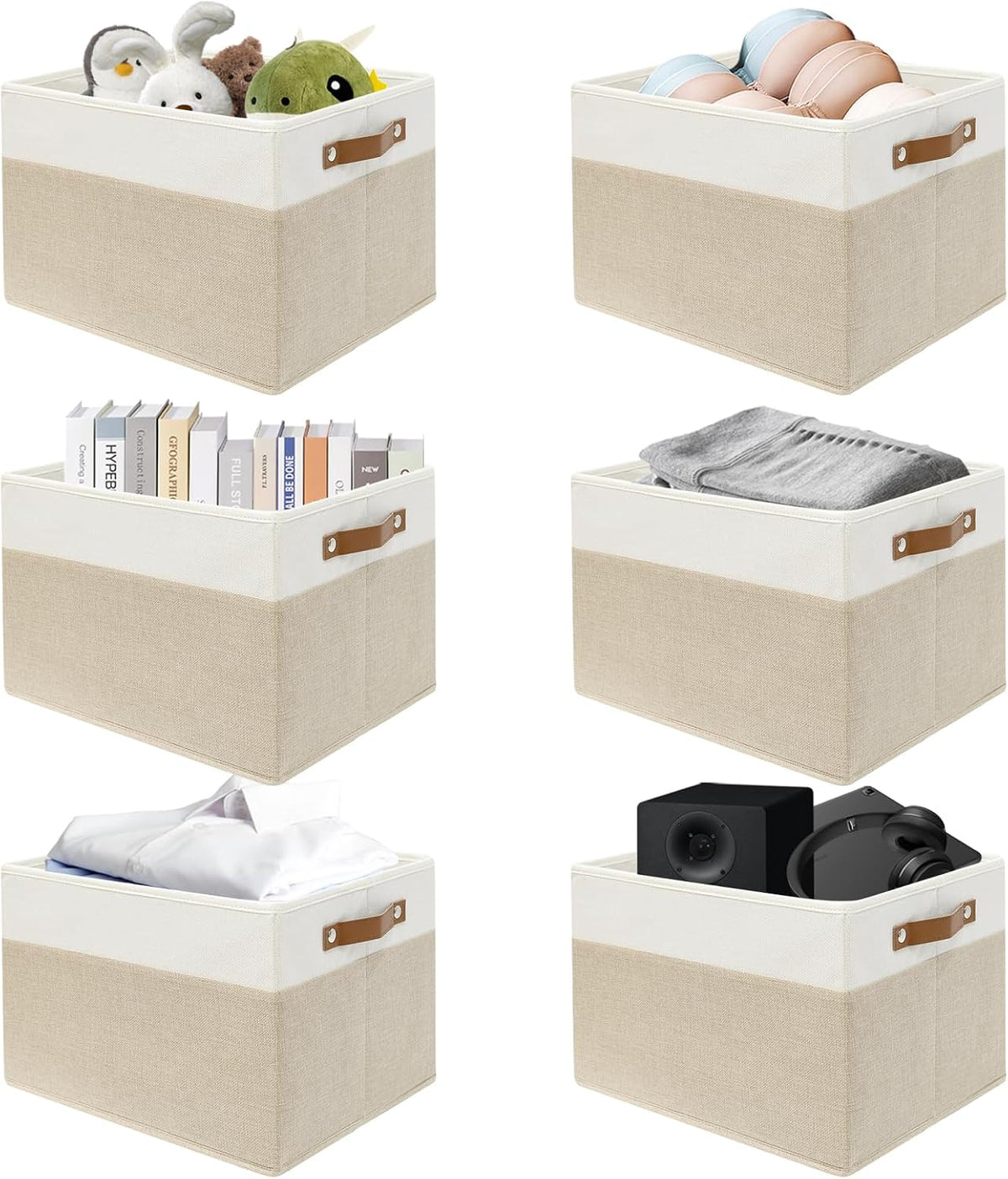 SNWDN 6 Pack Large Collapsible Fabric Storage Baskets with Handles (White/Beige 15''Lx13''Wx13''H)