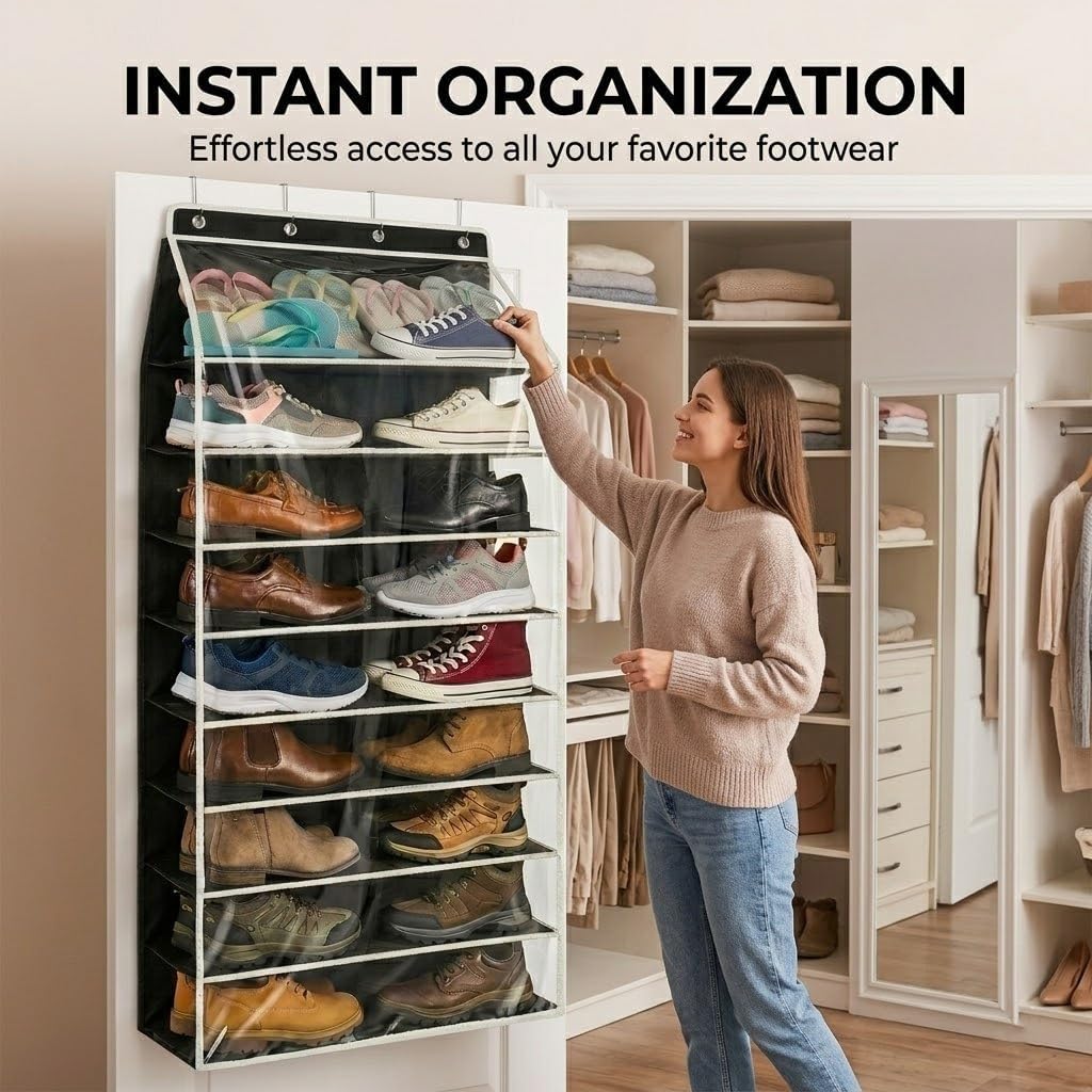 SUREMAX Super Capacity Over The Door Shoe Organizer, 11-Tier Hanging Shoe Rack for Closet Door Fits 33 Pairs, Clear PVC Behind The Door Storage Organizer with Heavy Duty Hooks & Loop Fastener, Black