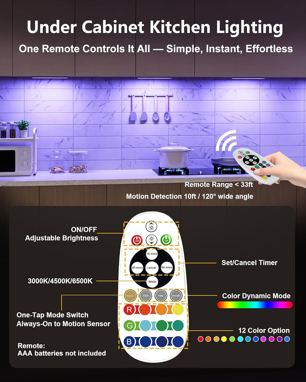 SZOKLED 58-LED Under Cabinet Lighting Wireless, RGB Motion Sensor Night Lights, Magnetic Under Cabinet Lights for Kitchen, Shelf, Stair, 15 Color (4 Pcs)