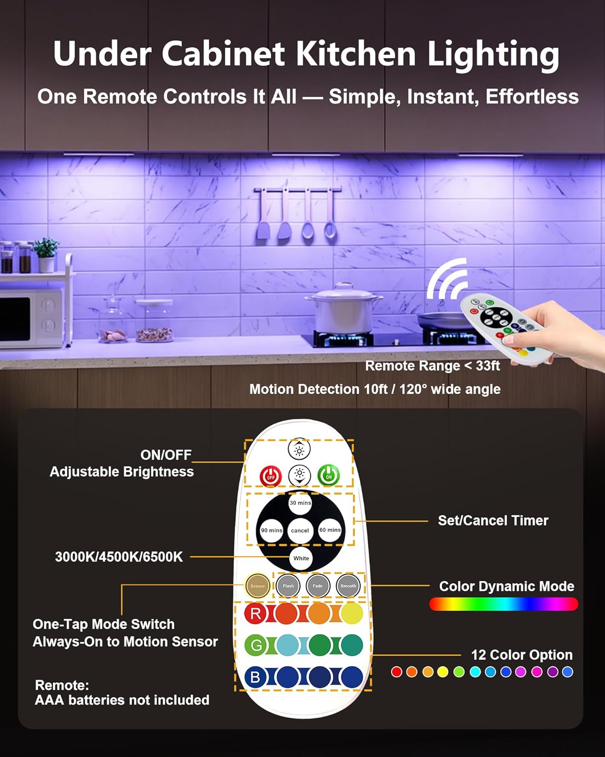 SZOKLED 58-LED Under Cabinet Lighting Wireless, RGB Motion Sensor Night Lights, Magnetic Under Cabinet Lights for Kitchen, Shelf, Stair, 15 Color (4 Pcs)